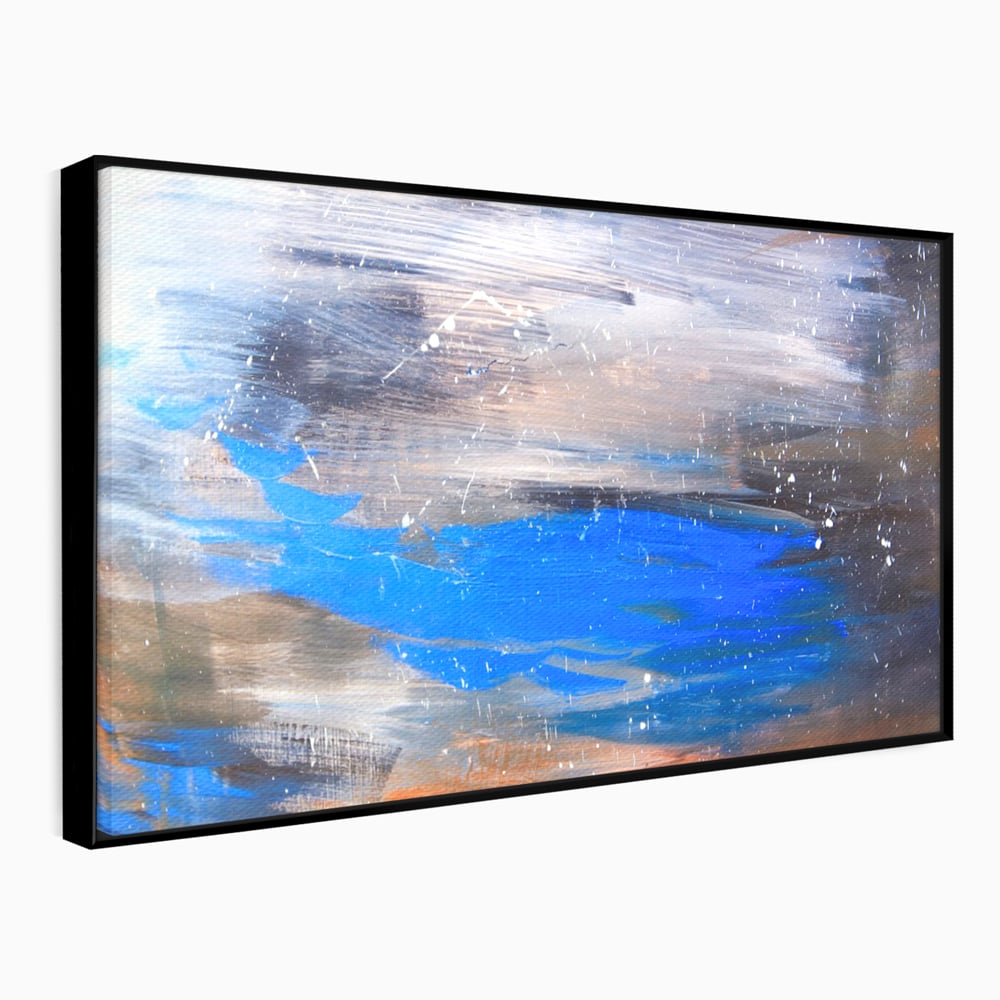 Tablou canvas cu pictura abstracta cu pete albastre, in rama de aluminiu negru